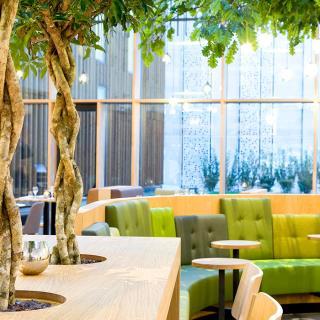 Green lobby of an hotel, with trees coming out of the tables